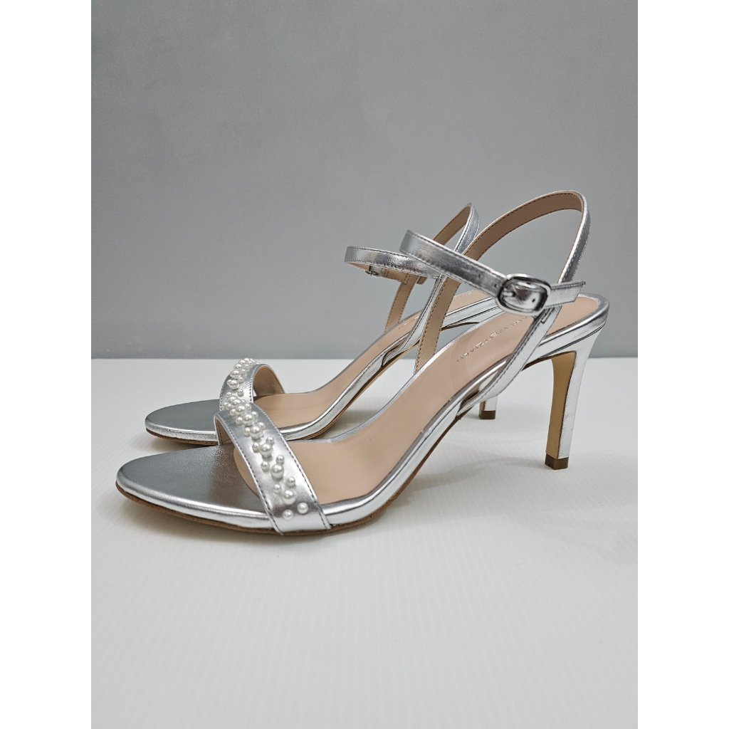 Stuart Weitzman Dancer 75 Demipearl Sandal 9.5 Silver Leather Ankle Strap Heels
